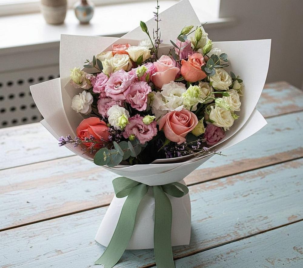 Букет цветов из: Розы, Лизиантусы и Гвоздики в Шамхале